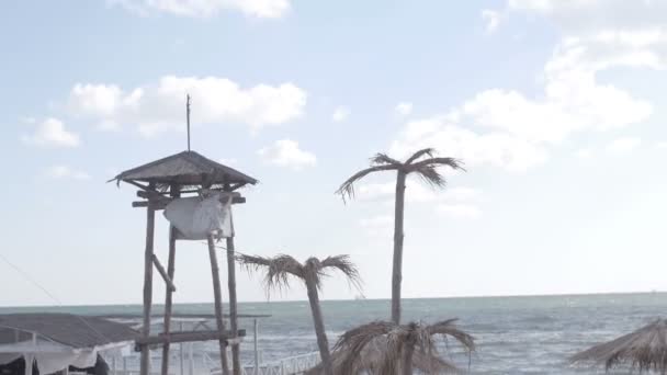 Man in de hoofdtelefoons lopen op het strand en stoppen te zien rond — Stockvideo