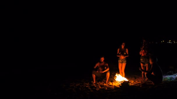 Люди розважаються навколо багаття на пляжі вночі — стокове відео