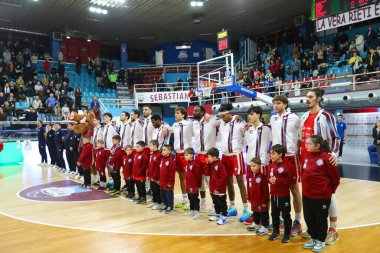 Rieti Takımı sunumu Real Sebastiani Rieti vs Flats Service Fortitudo Bologna - Stagione 2025-26 Campionato Italiano Pallacanestro - Vahşi Batı Serisi A2 Maschile - Normal Sezon, Round 19 - Fotoğraf Alessio De Marco
