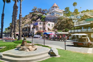 Avalon, California, ABD - 31.08.2025: Santa Catalina Adası 'ndaki büyüleyici tatil beldesinde golf arabası, palmiye ağaçları ve yamaçta güzel villaları olan 31.08.2025