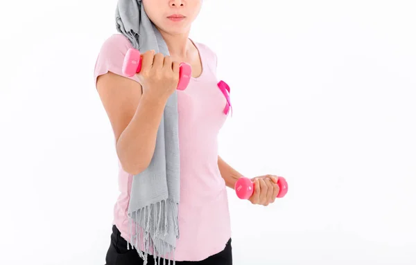 Asian Women Attach Pink Ribbon Tops Doing Exercise Lifting Pink — Stock Photo, Image