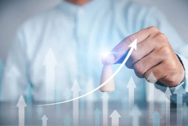 Businessman Graphs How Arrow Grows High Tech Blue Background Transparent — Foto de Stock