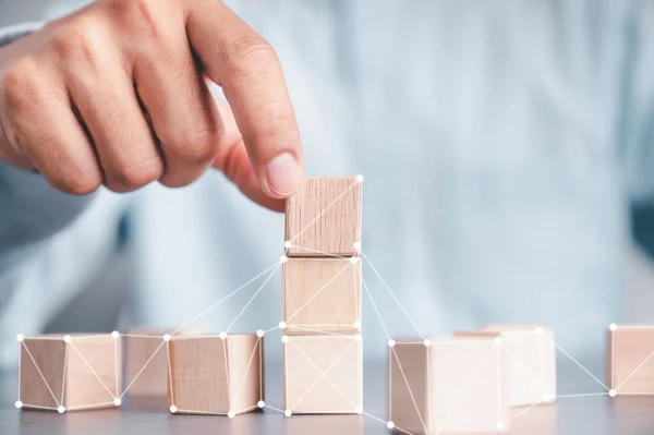 Arrangement Wooden Blocks Interconnected Networks Service Business Ideas Success Planning — Foto de Stock