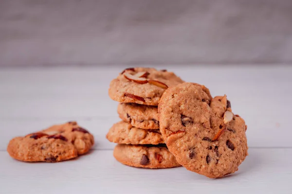 Piles Delicious Chocolate Chip Cookies White Plate Milk Bottle Pastry — Stockfoto
