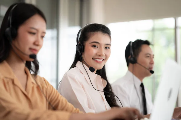 Team Call Center Staff Asia Wears Headphones Microphone Smile While Stock Picture