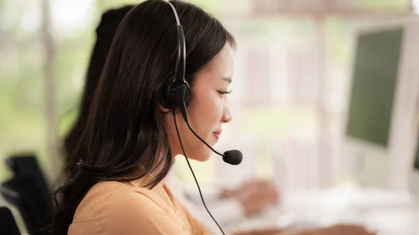 Team Call Center Staff Asia Wears Headphones Microphone Smile While Royalty Free Stock Images