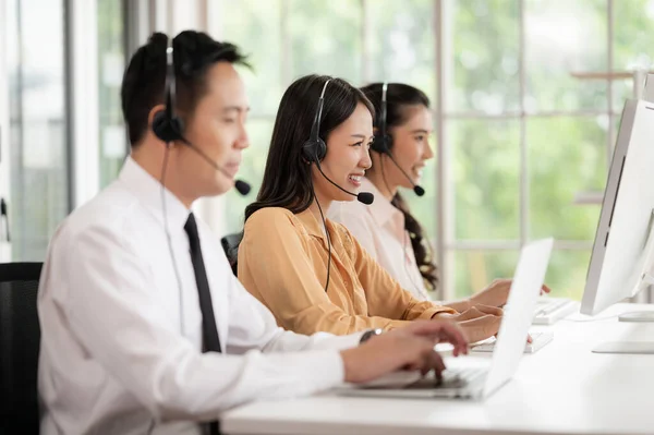 Team Call Center Staff Asia Wears Headphones Microphone Smile While Stock Image