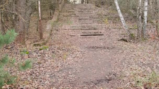 Velha Escada Pedra Cinzenta Arruinada Fora Close Chernobyl Pripyat Ucrânia — Vídeo de Stock