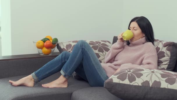 Kobieta w swetrze cieszy pyszne gorącej herbaty siedząc na przytulnej kanapie w domu. Portret zamyślonej kobiety relaksuje się na kanapie z filiżanką pysznej kawy — Wideo stockowe