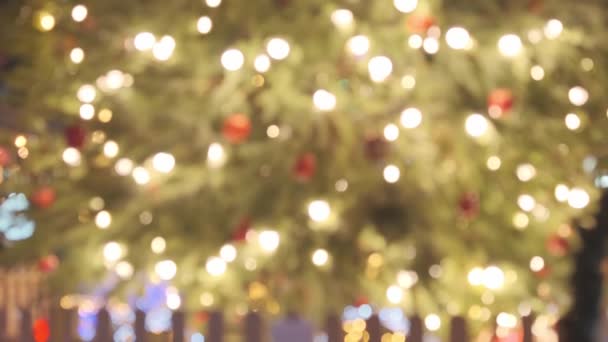 抽象的な色の円をきらめく焦点を当てたクリスマスライトビデオ 赤い妖精のライト フォーカス休日の背景クリスマスツリーのうち クリスマスツリーからの光のボケ クリスマスと新年のテーマ — ストック動画