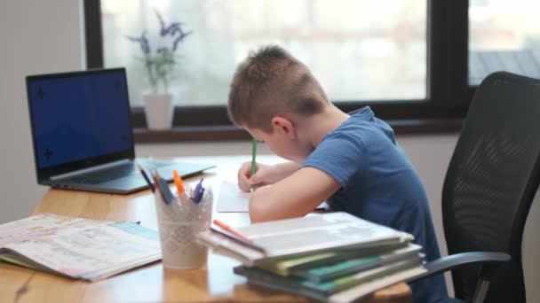 学校に戻る オンライン学習 距離レッスン 家庭での教育 小学生のための技術 ビジネス会議 子供たちはノートパソコンで家で宿題をする — ストック動画