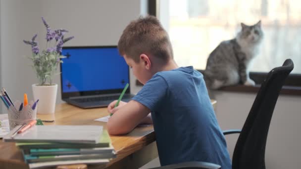 Concetto di lezione di educazione a distanza online. Bambino ragazzo ragazzo scolaro con insegnante utilizzando tablet computer portatile per scrivere compiti scolastici, studiare a casa. — Video Stock