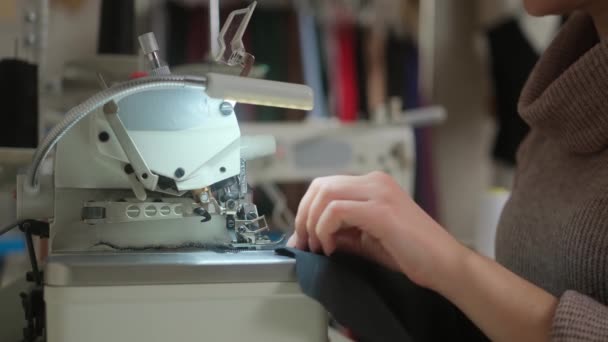 Stitching Sewing Machine Tailor Sews Sewing Machine Close Woman Hand — Stock Video