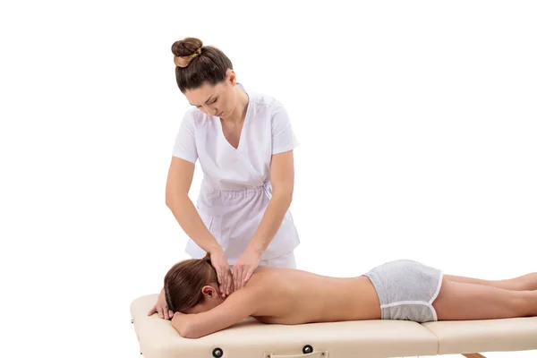 Physiotherapist Doing Neck Massage Her Female Patient Isolated White Background — Stock Photo, Image