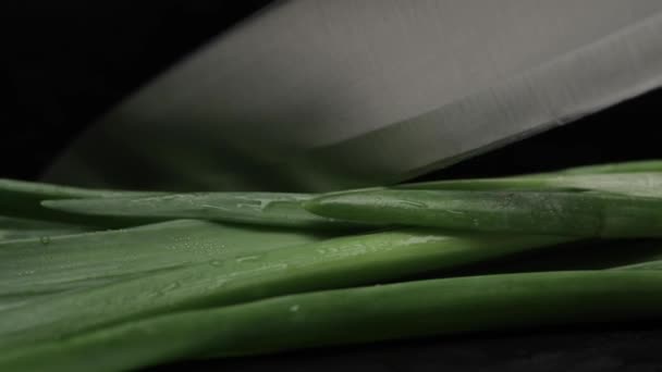 Pedaços super lentos de cebola verde cortados com uma faca grande no fundo preto. — Vídeo de Stock