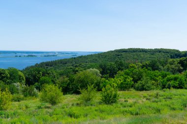 Çok güzel bir panoramik yaz manzarası. Parlak yeşil tarlalar, yoğun orman ve berrak bir gökyüzünün altında büyük bir nehrin ya da gölün sakin mavi suları.
