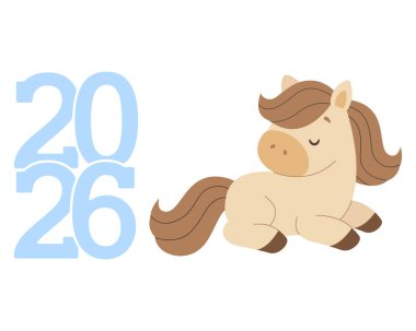 New year symbol design horse and numbers 2026. Happy New Year. Vector illustration in flat style. 