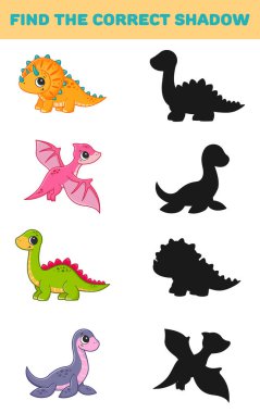 Doğru gölgeyi bul. Şirin dinozorlar. Çocuklar için eğitici oyunlar. Vektör illüstrasyonu