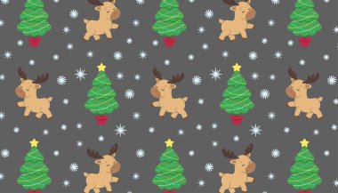 Tatil düzeni. Geyik ve Noel ağacı. İzole edilmiş gri arka plan. Vektör illüstrasyonu.