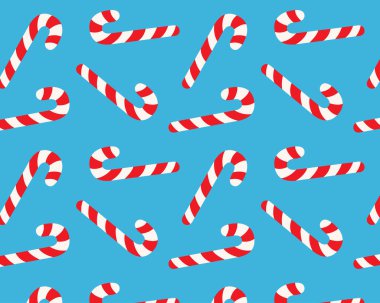 Kusursuz desen. Noel çizgili şeker kamışı. İzole edilmiş mavi arka plan. Vektör illüstrasyonu.