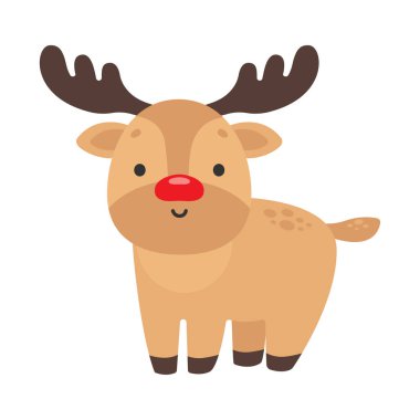  Sevimli geyik. Noel tasarımı. İzole edilmiş arka plan. Düz biçim vektör illüstrasyonu. 