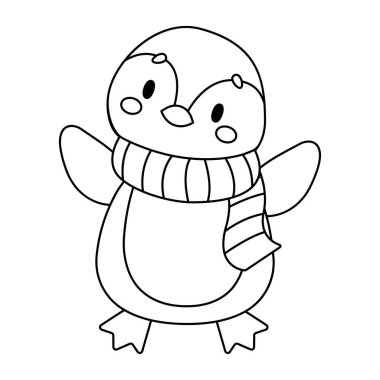 Tatlı çizgi film pengueni. Boyama sayfası. İzole edilmiş beyaz arka plan. Vektör illüstrasyonu.