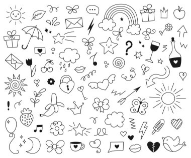 Bir dizi karalama, Sevgililer Günü elementleri. İzole edilmiş beyaz arka plan. Vektör simgeleri.