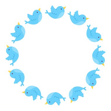 Yuvarlak çerçeveli mavi kuşlar. İzole edilmiş beyaz arka plan. Düz biçim vektör illüstrasyonu.