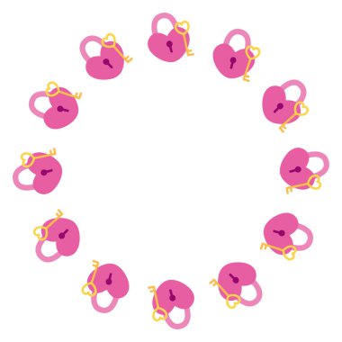 Yuvarlak çerçeve, kalp şeklinde kilit ve anahtarla. İzole edilmiş beyaz arka plan. Düz biçim vektör illüstrasyonu.