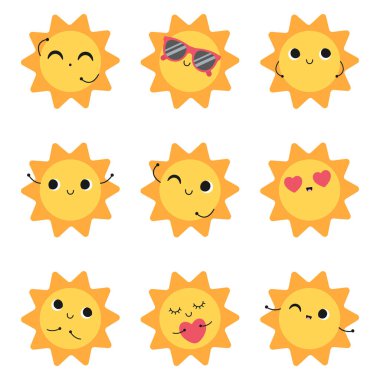 Farklı duyguları olan güneş kolleksiyonu. Siyah bir arka planda izole edilmiş. Düz biçimli vektör illüstrasyonu.