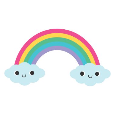 Gülümseyen bulutları olan sevimli gökkuşağı. Beyaz bir arka planda izole edilmiş. Elle çizilmiş. Vektör illüstrasyonu.