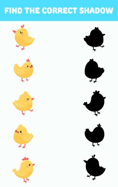 Doğru gölgeyi bul. Basit, farklı, şirin tavuklar. Elle çizilmiş. Tecrit edilmiş karakterler. Düz çizgi film biçimi.