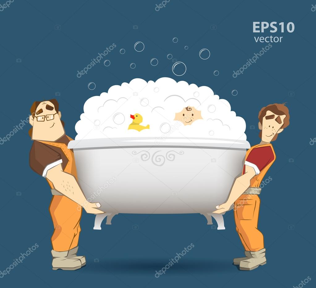 Two Loaders Movers Holding And Carrying White Bathtub