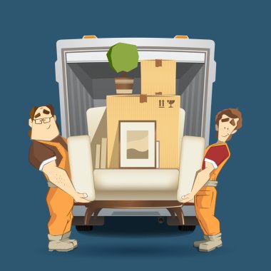 Two loaders movers man holding and carrying armchair