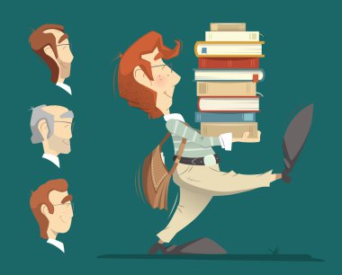 Student holding a heap pile stack of books