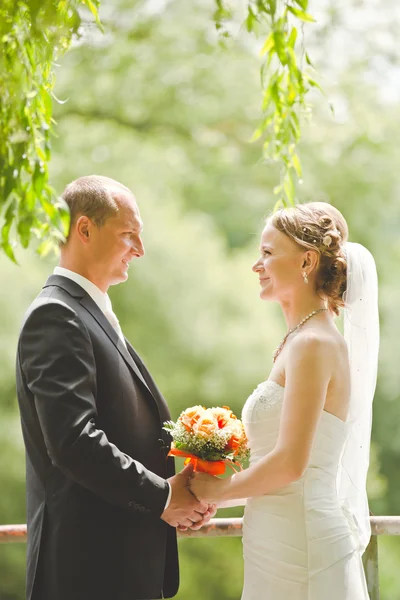 エレガントな花嫁と新郎が一緒に屋外で結婚式の日にポーズ — ストック写真