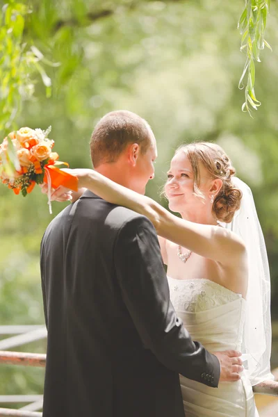 Joyeux marié et mariée se regardent — Photo