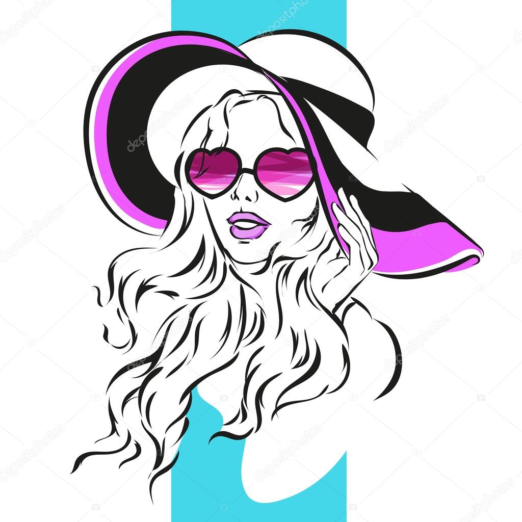Dziewczyna W Okularach Słonecznych I Duży Kapelusz Wektor