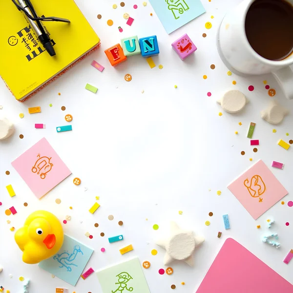 AI generated image of a colorful doodle frame with sticky notes, hand-drawn icons, and stationery items surrounding a clean white center space.