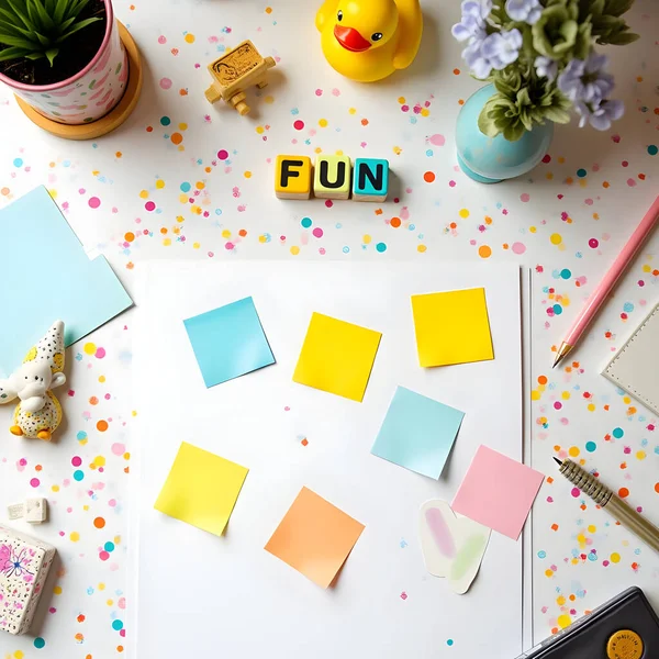 AI generated image of a colorful doodle frame with sticky notes, hand-drawn icons, and stationery items surrounding a clean white center space.