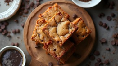 AI dessert and coffee concept showing a stack of chocolate chip blondies arranged on a wooden serving plate.