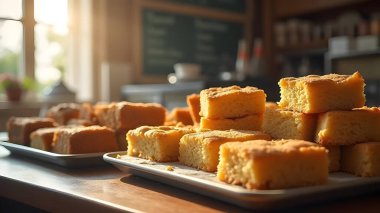 AI bakery concept showing multiple trays of square sponge cakes neatly arranged on a counter inside a cozy caf or bakery shop.
