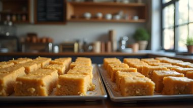 AI bakery concept showing multiple trays of square sponge cakes neatly arranged on a counter inside a cozy caf or bakery shop.