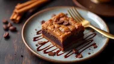 AI dessert food concept showing a delicious slice of spiced cake or brownie with cinnamon sticks and pecans on a ceramic plate.