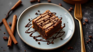 AI dessert food concept showing a delicious slice of spiced cake or brownie with cinnamon sticks and pecans on a ceramic plate.