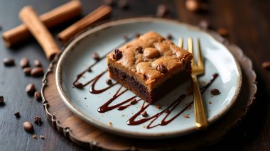 AI dessert food concept showing a delicious slice of spiced cake or brownie with cinnamon sticks and pecans on a ceramic plate.