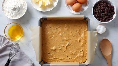 AI baking ingredients concept showing a flat lay of baking preparation with butter, flour, sugar, chocolate chips, nuts, and a whisk arranged neatly around a baking pan filled with cookie dough or cake batter.