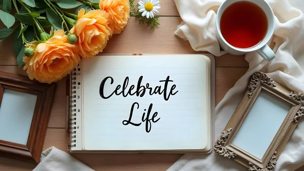 AI positive lifestyle concept showing an open notebook with the handwritten phrase Celebrate Life on a wooden table, surrounded by fresh flowers, a cup of tea, a pencil, and a small photo frame.
