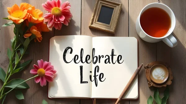 AI positive lifestyle concept showing an open notebook with the handwritten phrase Celebrate Life on a wooden table, surrounded by fresh flowers, a cup of tea, a pencil, and a small photo frame.