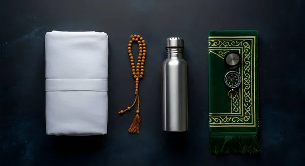 AI Islamic prayer concept featuring a folded white prayer garment stacked neatly, a clear water bottle, and a wooden prayer bead (tasbih) placed on top.